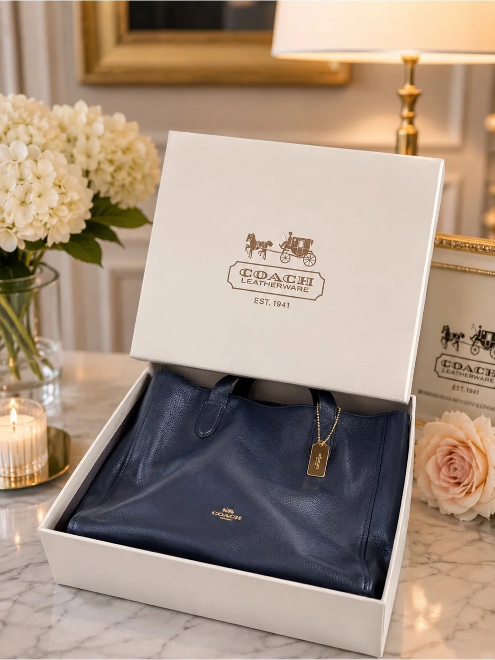 Coach Large Saddle Blue Derby Pebbled Leather Tote with Gold Tag Original Box